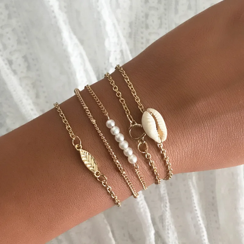 

5Pcs/Set Trendy Simple Leaf Pearl Shell Women's Fashion Chain Gold Pearl Bracelet Set Bohemian Jewelry Wholesale Pulseras Mujer