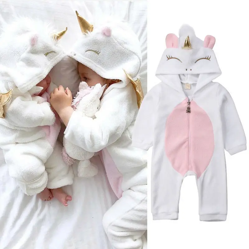 Осенний фланелевый комбинезон с единорогом для новорожденных девочек; комбинезон на молнии с капюшоном; Одежда для младенцев; теплая одежда; зимний костюм