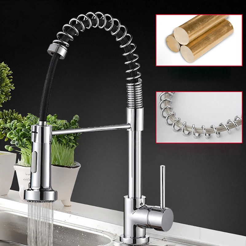 Kitchen Faucets Brush Brass Faucets for Kitchen Sink Single Lever Pull Out Spring Spout Mixers Tap Hot Cold Water Crane 130077A