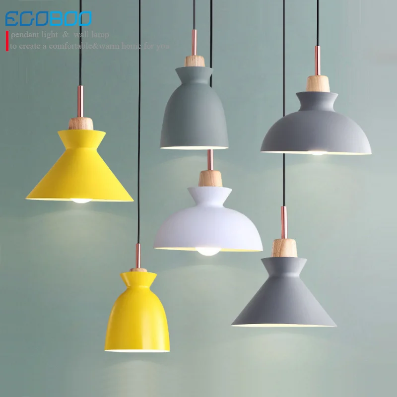 

NEW Wood Pendant Lights Lamparas Colorful Aluminum lampshade Luminaire Dining Room Lights Pendant Lamp For Home Lighting E27Lamp