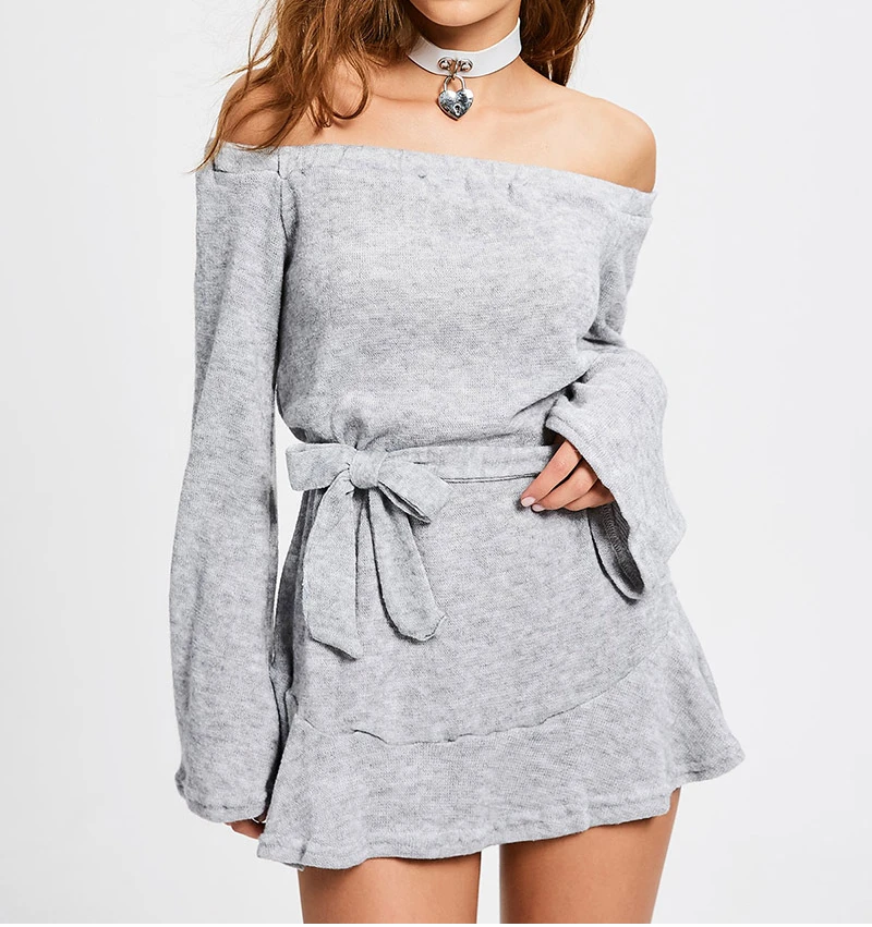 Flounce Slim Boat Neck One Piece Dress 19 New Autumn Slim Backless With Belt Off Shoulder Dress Long Flare Sleeve Vestidos Dresses Aliexpress
