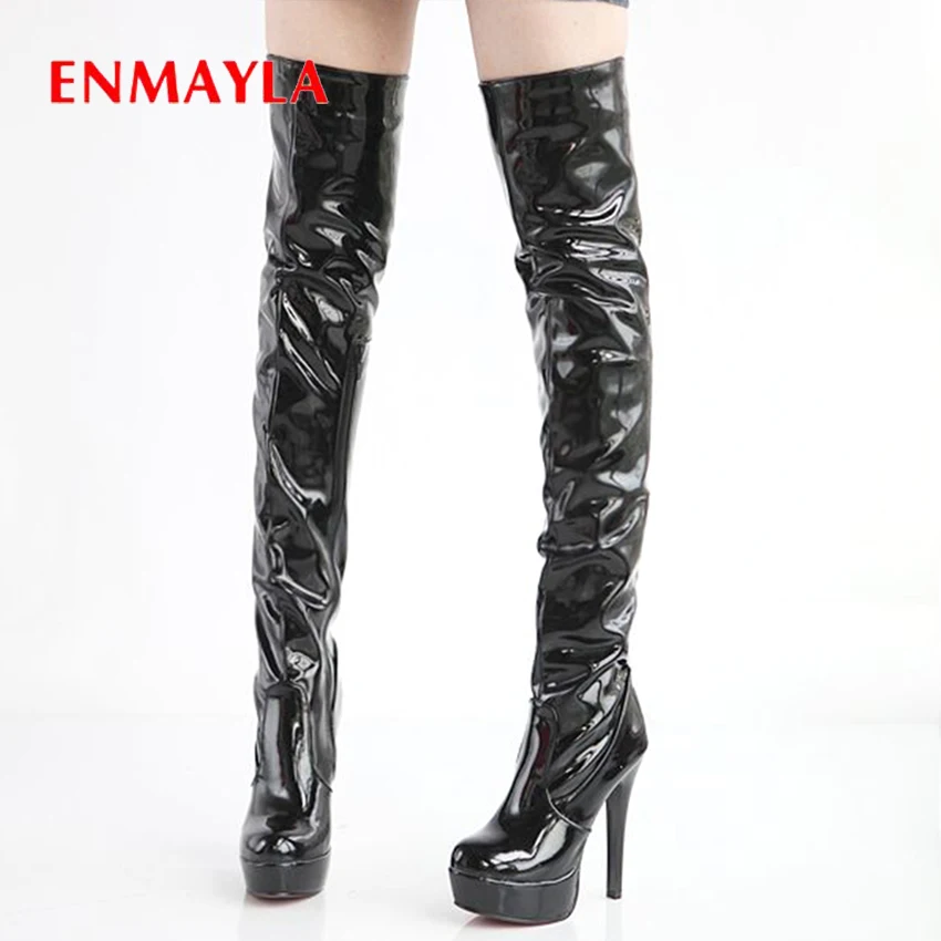 

ENMAYLA Thin Heels Over-the-Knee Motorcycle Boots Round Toe Shoes Woman Super High Cotton Fabric PU Solid Thigh High Boots Women
