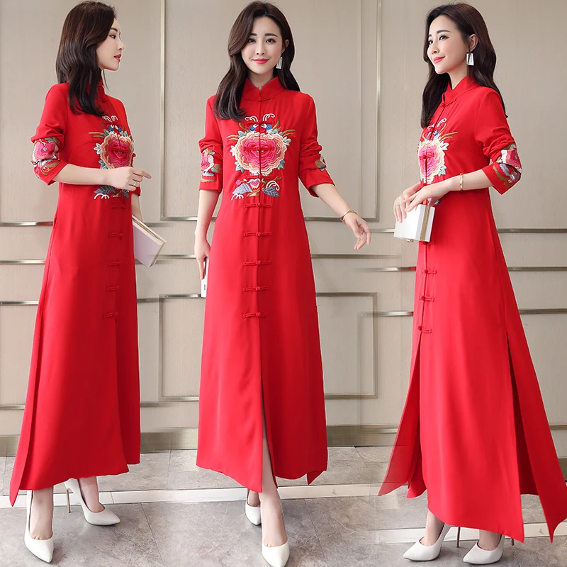 

Fashion Red Black Long Cheongsam robe Chinese Traditional Tang suit embroidered Slim Retro gown Women Elegant Vestido