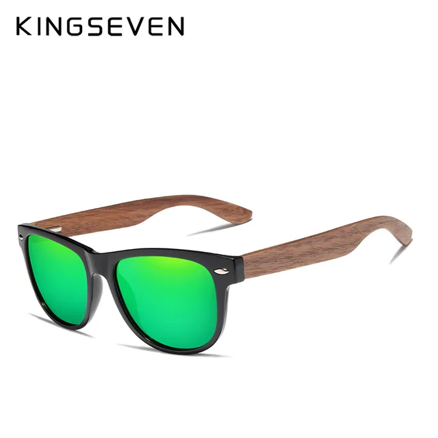 KINGSEVEN  Black Walnut Sunglasses Wood Polarized Sunglasses Men UV Protection Eyewear With Wood Box Oculos de sol Green Walnut Wood