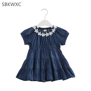 

Baby Girls Dress Summer Flowers Appliques Princess Dress Denim A-line Dresses Toddler Kids Girls Baby Clothes 0-2T