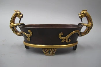

Chinese Royal 100% Pure Bronze 24k Gold Two Dragon Palace incense burner Censer