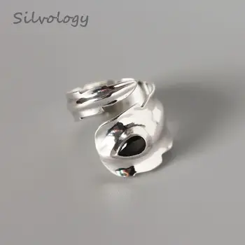 

Silvology 925 Sterling Silver Black Zircon Leaf Rings Silver Industry Style Texture Sexy Rings For Women Fashionable Jewelry