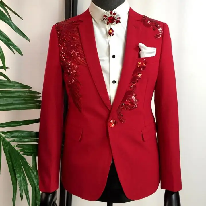 

Red men suits designs masculino homme terno stage costumes for singers sequin blazers mens dance clothes jacket star style punk
