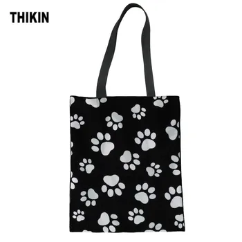 

THIKIN Cute Dogs Footprints Paw Pattern Women Handbag Pet Animals Print Black Shoulder Bag Girls Travel Shopping Bags Large Tote