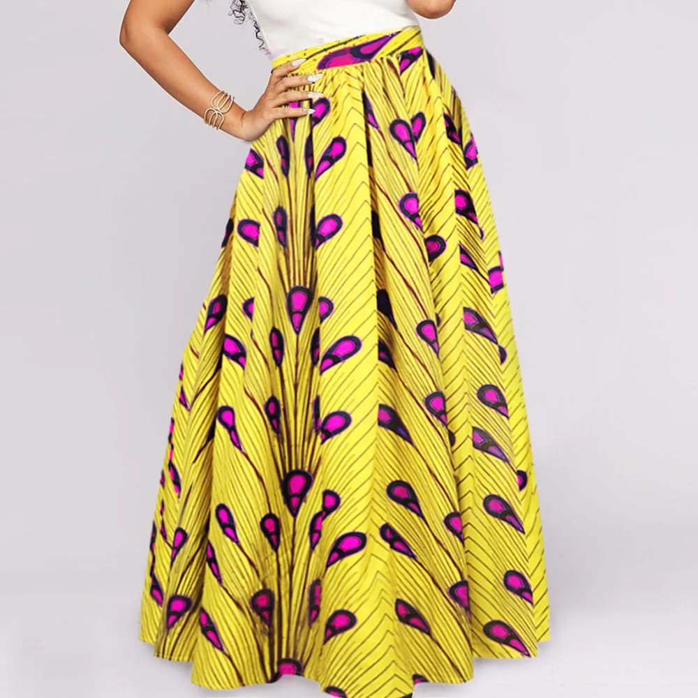 

African Fashion Print Color Block Maxi Skirt High Waist Casual Holiday Yellow Chic Ladies Autumn Floor Length Party Long Skirts