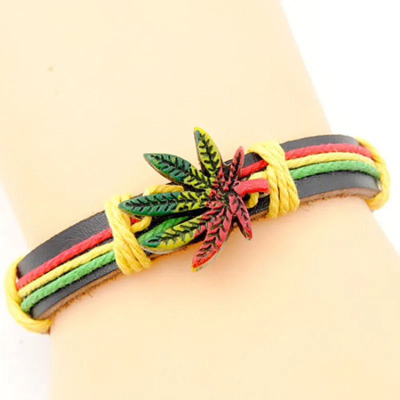 

Fashion colorful maple leaf Rasta Hemp Wrap Leather Charm Bracelet yb108