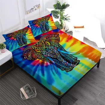 

Tie Dyeing Elephant Sheet Set Bohemia Colorful Animal Bed Linens Deep Pocket Fitted Sheet Flat Sheet Pillowcase Bedding D45
