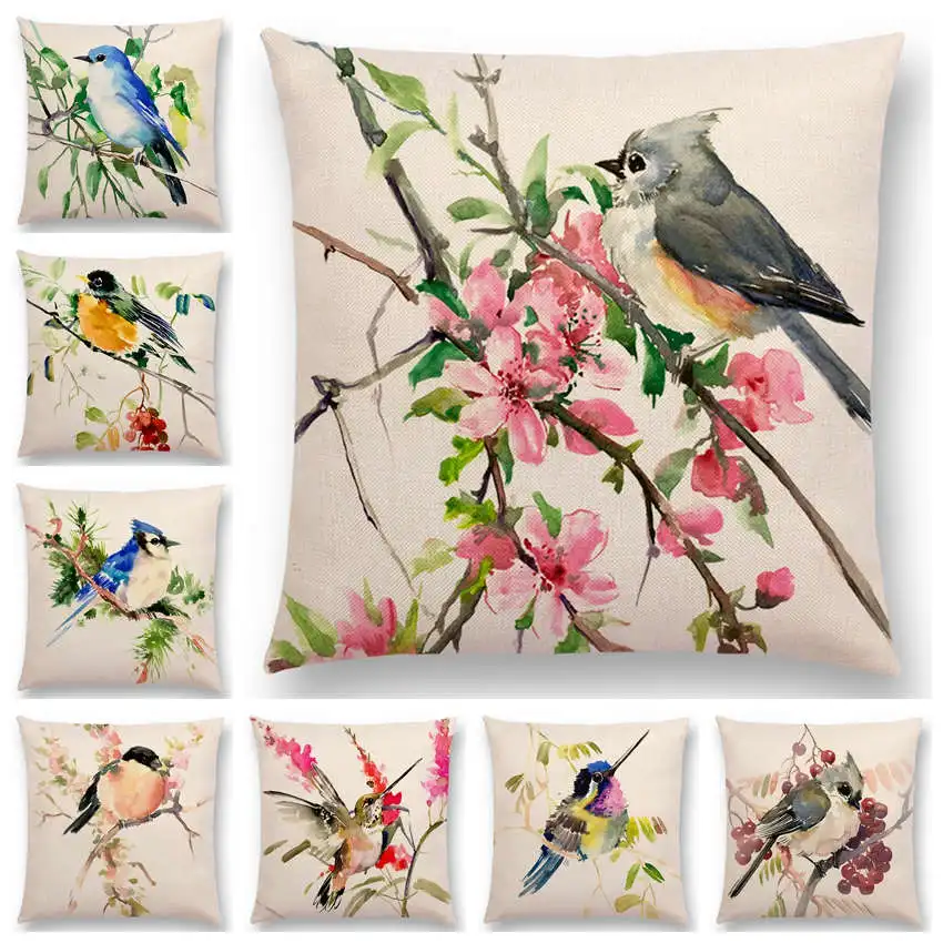 Акварельные милые птицы цветы Робин Тит Финч Hummingbird Goldfinch Sparrow ягод Tufted Подушка с