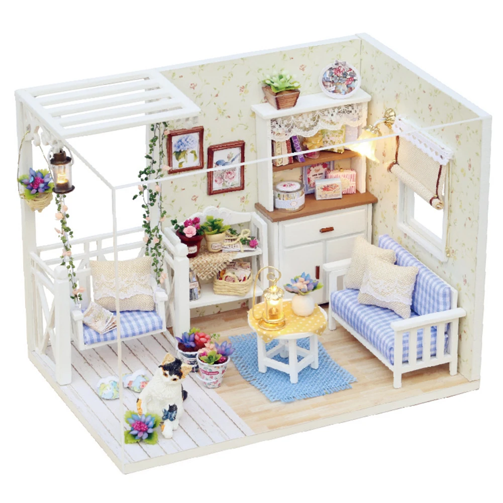 Комплект деревянная мебель светодиодный свет кукольный дом Миниатюрный DIY Детский подарок сборка игрушки