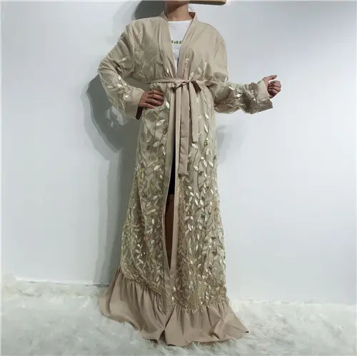 Женское мусульманское платье абайя модный элегантный кардиган Клубные вечерние кружевные платья Исламская одежда Восточный халат из марокена tesettur elbise - Цвет: apricot