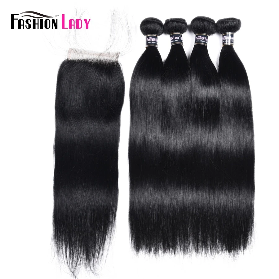 

Fashion Lady Pre-Colored Brazilian Straight Hair Bundles With Closure 3/4 Bundles 1# Jet Black Bundles with Closure Non-Remy