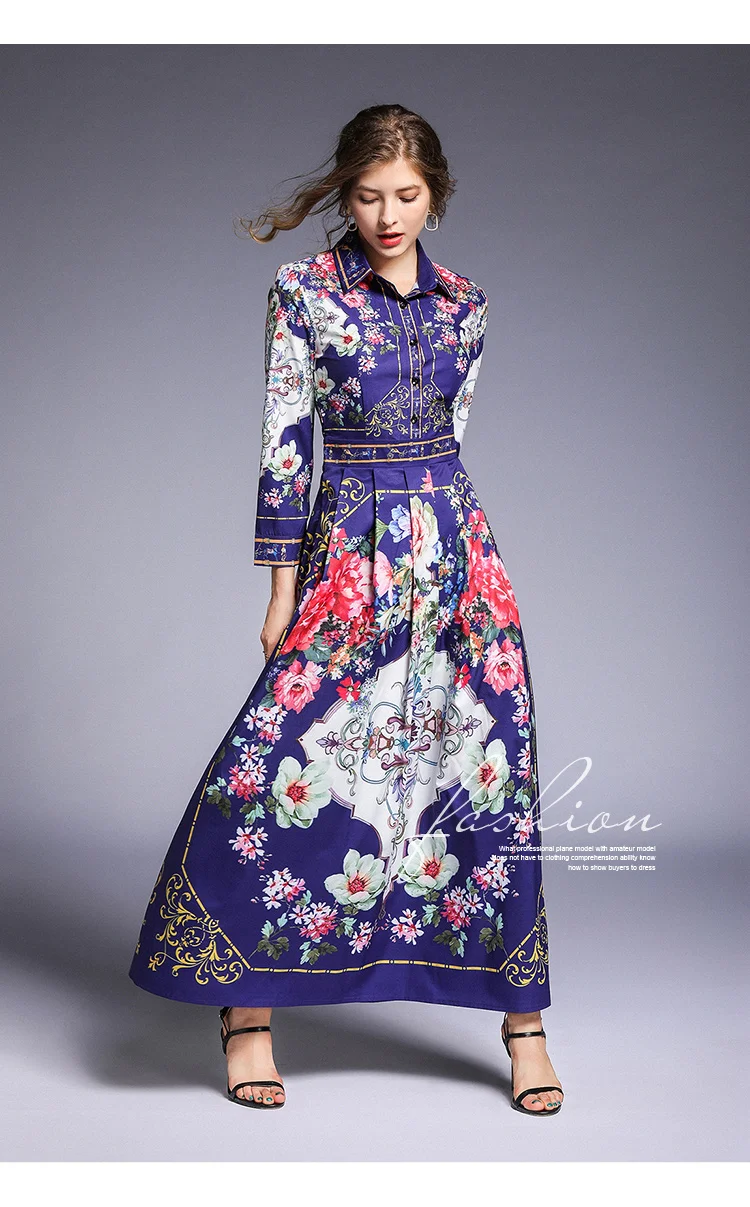 Модное подиумное осеннее платье женские наручные рукава отложной воротник цветочный принт дамское элегантное винтажное длинное платье до щиколотки