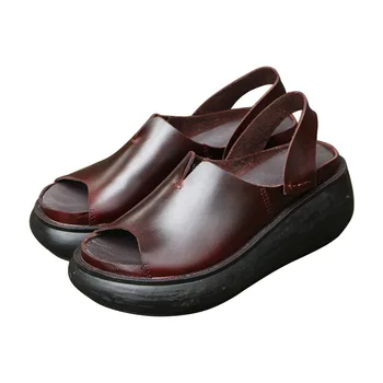 

510-2 New Retro Leather Shoes Summer Slope and Fish Spear Sandal Ladies Leisure Thick Bottom Women's Slippers Platform Sandals