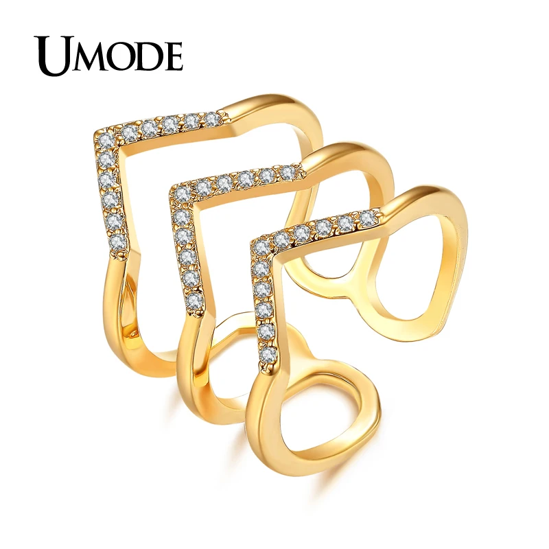 

UMODE Micro CZ Zirconia Three V Shape Ring for Women Gold Color Fashion Pave Luxury Jewelry New Anillos Mujer Moda Gift AUR0360A