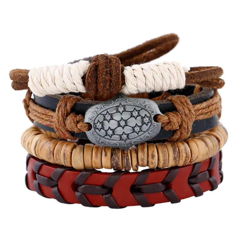 

4pcs/set European and American simple retro suit bracelet diy woven cowhide coconut shell bracelet men hemp rope leather bangle