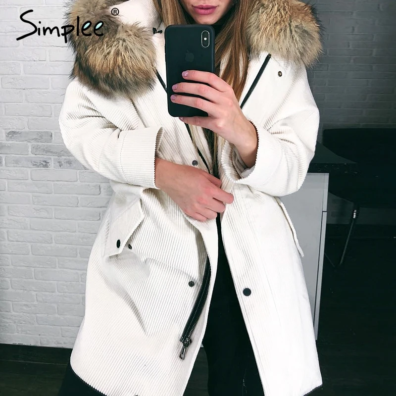 Simplee Faux fur splice hooded corduroy thick parka Winter warm soft padded coat Women 2018 lapel streetwear fashion overcoat