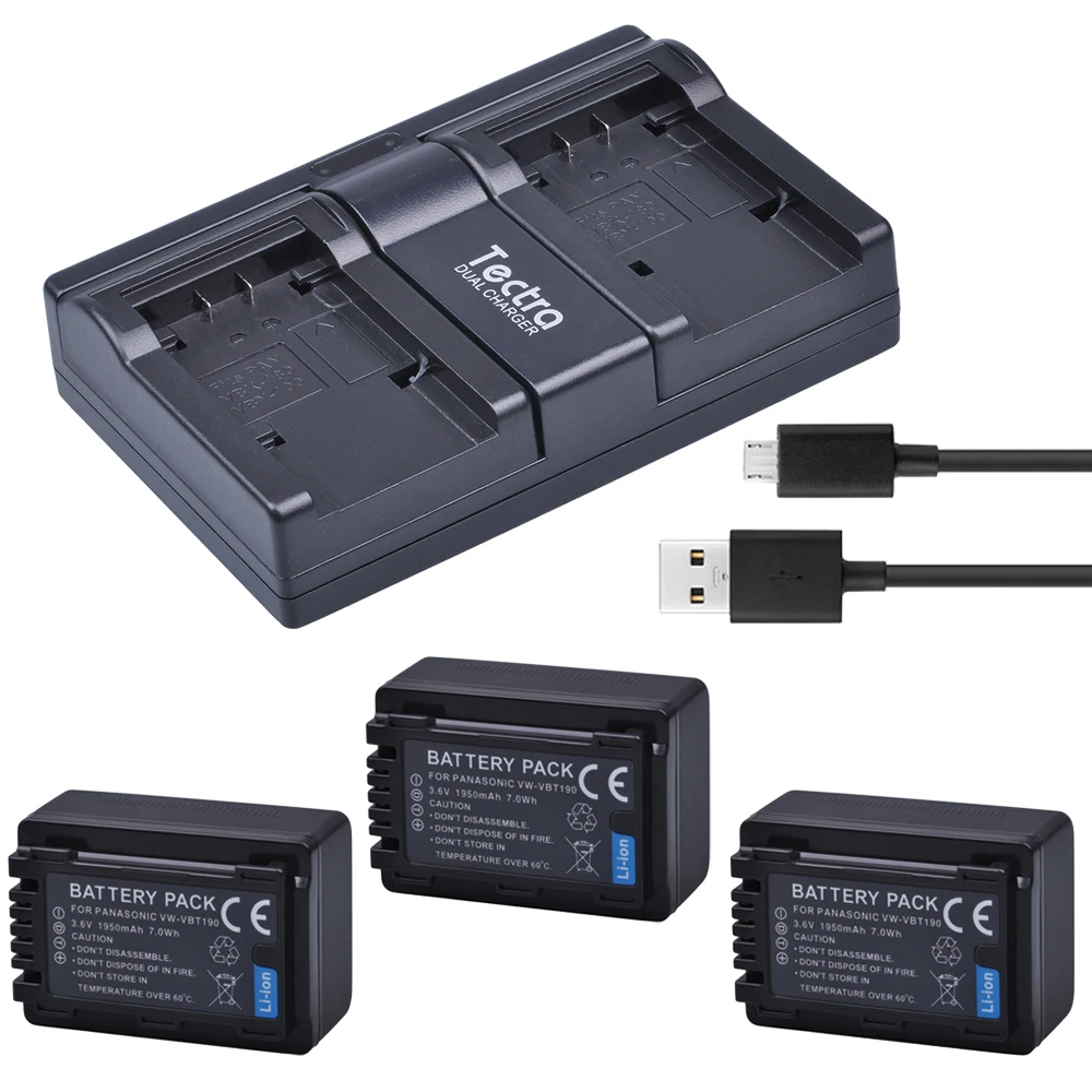 Tectra 3 шт VW VBT190 Li Ion Bateria + USB 2 канальный зарядное устройство для Panasonic HC V110 V130 V160 V180