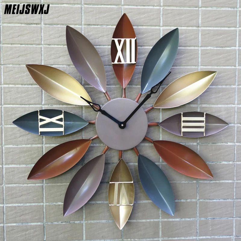 Meijswxj Large Wall Clock Leaf Style 3D Clock Modern Design Living Room