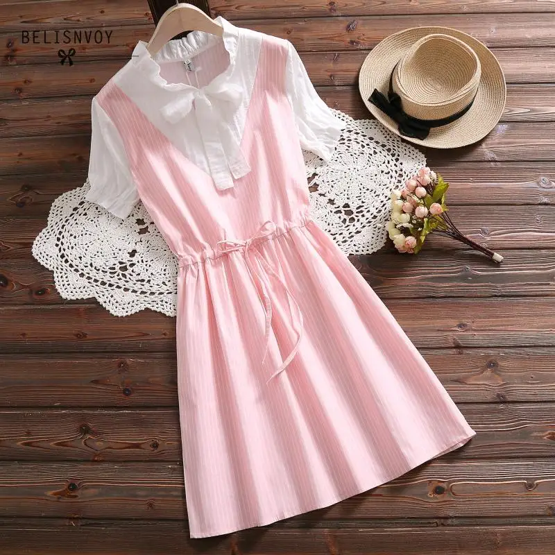 Preppy Style Summer Women Dresses Patchwork Pink Blue Bow Girl's School Uniform Dress Elegant Short Sleeve Kawaii Striped | Женская