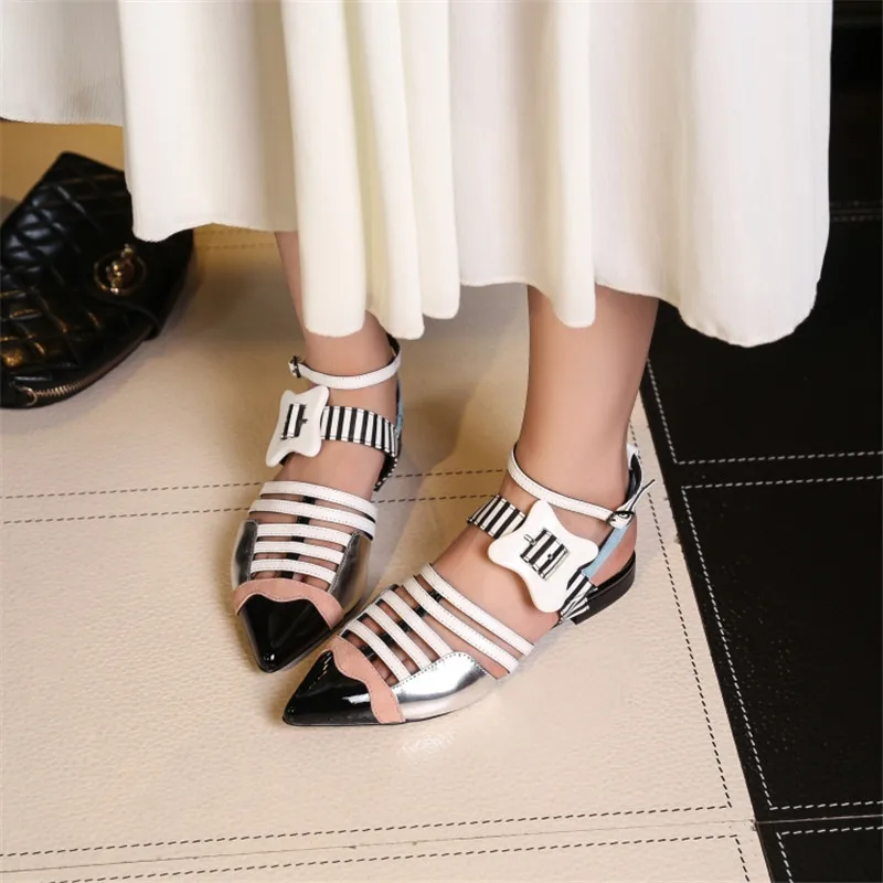 

Fornihapfirafs Leather Mixed Color Women Gladiator Sandals Pointed Toe Cut-Outs Buckle Flats Sandals Ladies Party Shoes Woman
