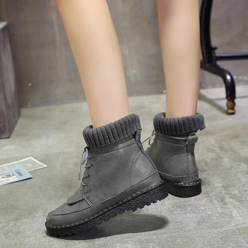 COOTELILI Women Boots Ankle Boots 2018 Winter Shoes Lace-Up Knitted Flat Shoes Rubber Boots Women Leather Shoes 3cm Heel  (5)