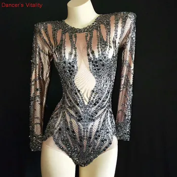 

Sparkly Crystals Jumpsuit Costume Water Silver Rhinestone Rompers Women Outfit Diamonds Bodysuit Party Celebrate Occasion Wear