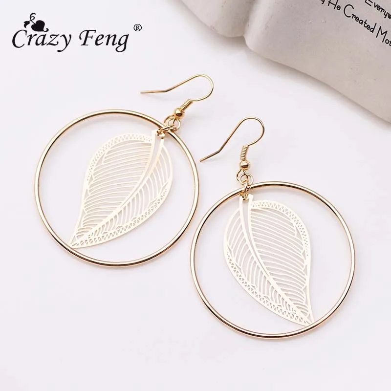 Женские серьги подвески Crazy Feng Модные металлические круглые в форме листа