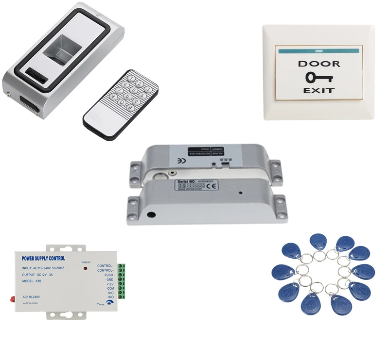 

Metal Case access Biometrics Fingerprint Access Control RFID Reader electric drop bolt door lock kit with 10 tags 10 pvc cards