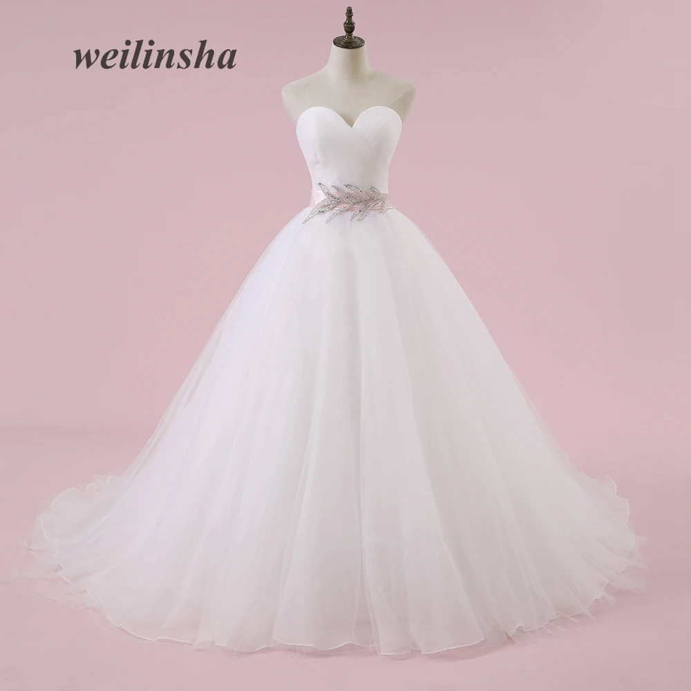 

weilinsha Cheap Plus Size Wedding Dresses Sweetheart Ball Gown Bridal Gowns With Pink Sashes Sweep Train Vestido de Noiva