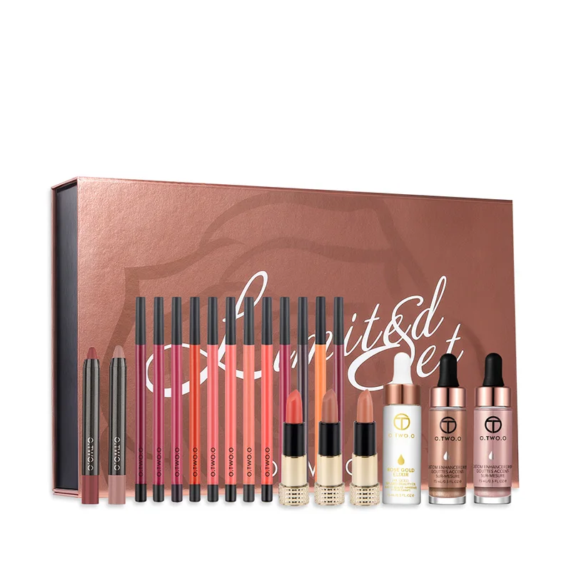 

20PCS/Box,Cosmatic Set,24K Rose Gold Elixir Skin Makeup Oil+Lip Liner+Lips Pencil+ + Liquid Highlighter Makeup Set Christmas Gif
