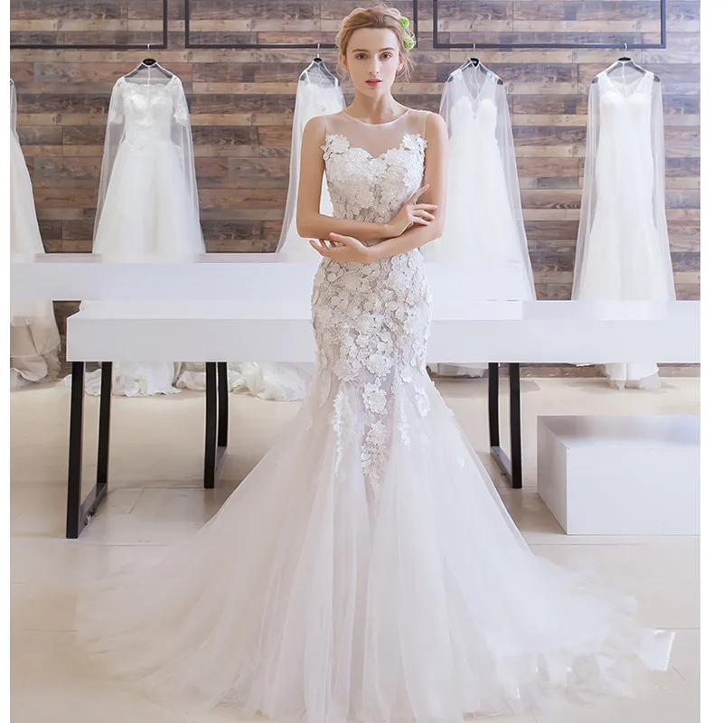 Real Photo Платье De Noiva Renda Vintage Свадебные Платья 2017 Русалка Белый Свадебное Casamento С 3D