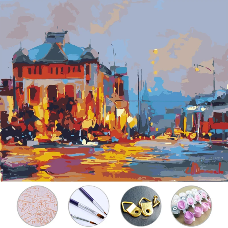 Diy Oil Painting Night guest house Frameless picture on wall acrylic