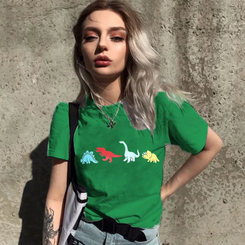 

2019 Fashion Colorful Cartoon Dinosaur Print Loose Casual Girls Tops T Shirt Women Harajuku Cotton Clothing Green Pullovers Tees