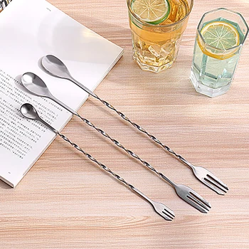 

2 in 1 Stainless Steel Stirring Bar Spoon Fork Kitchen Dual-use Tableware Cocktail Coffee Fruit Long Thread Handle Scoop