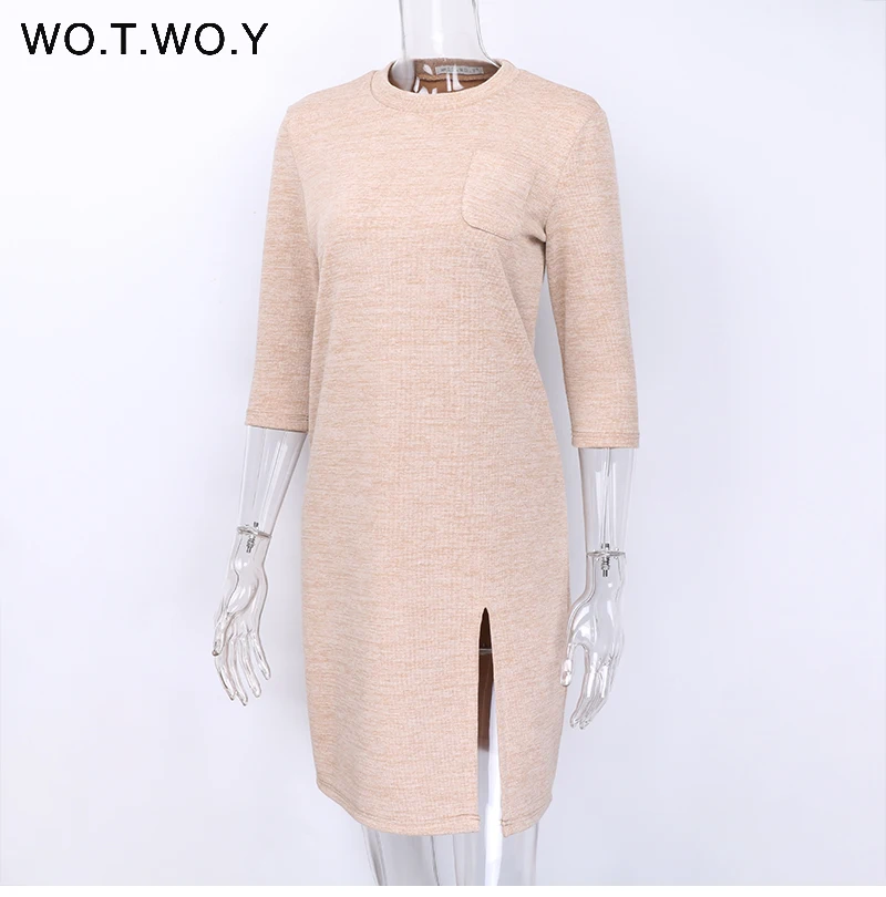 Spring Autumn Casual Loose Style Women Dress Half Sleeve Pocket Split Dresses Ladies Solid Midi Long Knitted Dress Women
