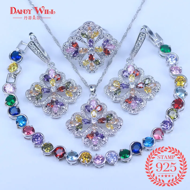 

Bridal Silver Jewelry Sets For Women Flower With Multicolor Cubic Zirconia Necklace/Ring/Earrings/Bracelet/Pendant