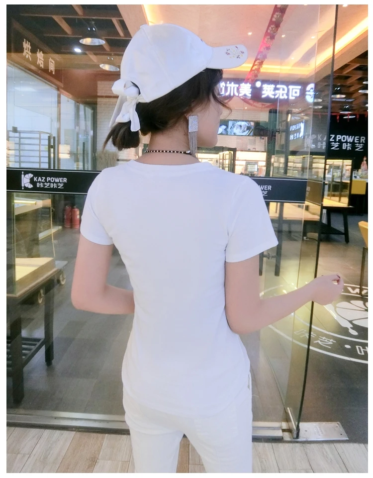 Весна и Лето Корейская версия новой футболки Женская мультфильм kt cat Slim с коротким рукавом расшитая блестками рубашка женская