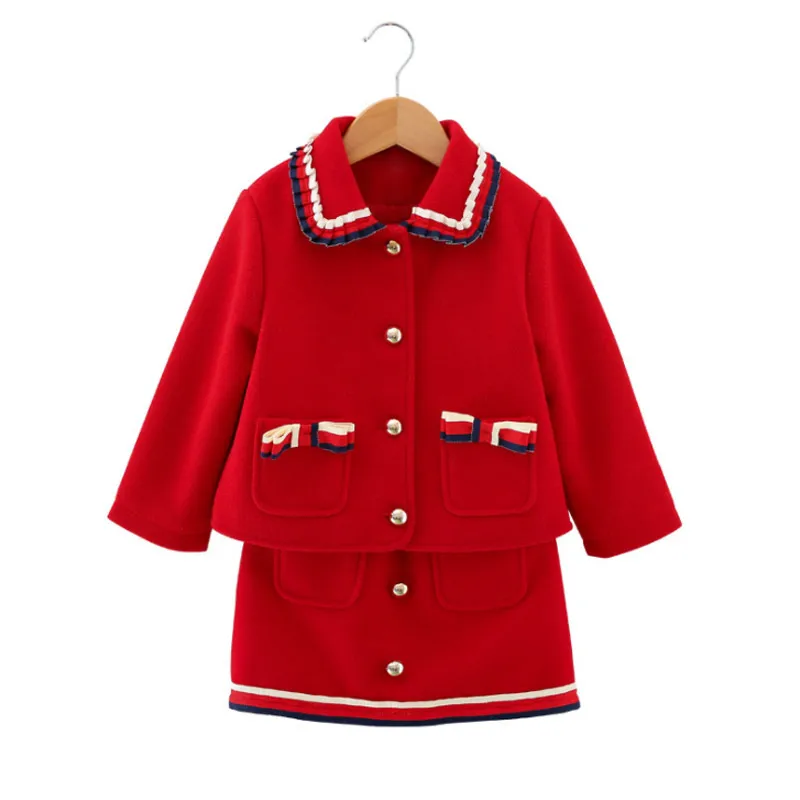 

Autumn Winter Baby Girls Woollen Clothing Sets Girls Long Sleeve Woollen Coat+SKirts 2PCS Toddler Kids Red Suits Clothes