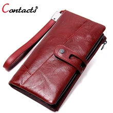 Contact’s Women Wallet Female Genuine Leather Wallet Red Women Purse Organizer Credit Card Holder Phone Clutch Ladies Coin Purse