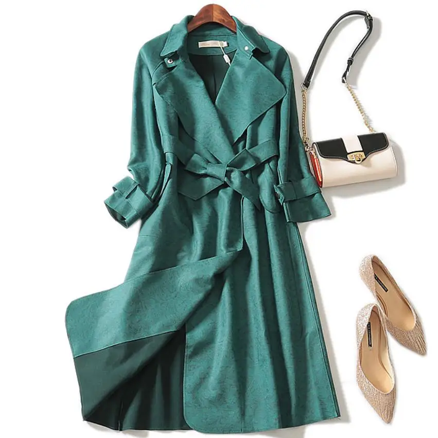

plus size Spring Autumn Women Suede Trench COAT FASHION Long Windbreaker Solid Color Elegant Casual Tops