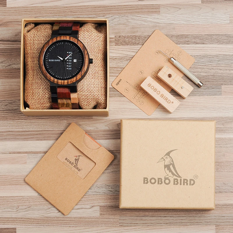 BOBO BIRD LP14 Men Wristwatches Miyato Japan Movement Wooden Watches with Colorful Wood Strap Classic Week Display Relogio