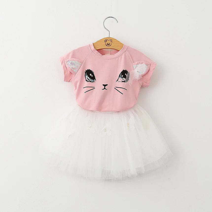 Эксклюзивный комплект одежды для детей, одежда для девочек Милая сетчатая юбка-пачка с аппликацией кота и бабочки модная летняя одежда для детей возрастом от 2 до 7 лет - Цвет: Розовый