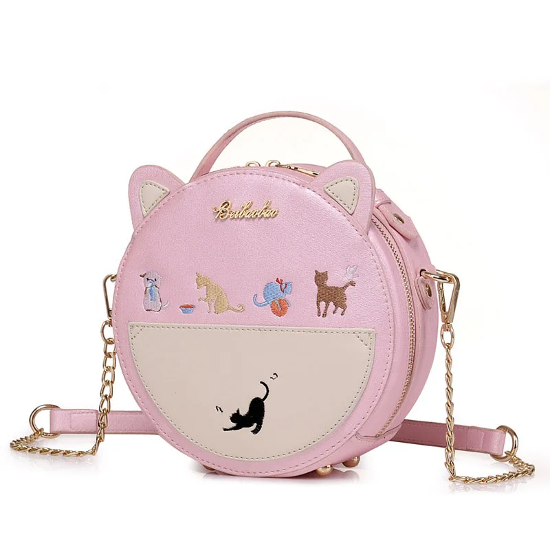 Cute Embroidery Cat Messenger Bag Women Small Circular Ears Crossbody Bags Teenage Girls Chain Shoulder Bag Mini Handbag XA25B - Цвет: Pink