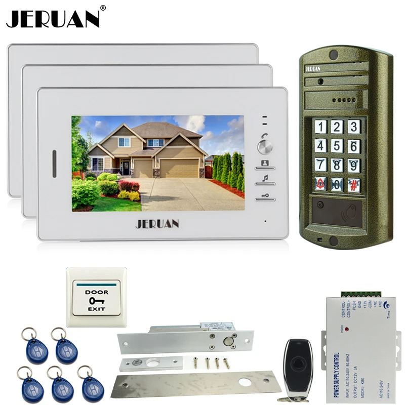 Home Metal panel waterproof password keypad HD Mini Camera +7 inch Video Door Phone Intercom System kit 3 Monitor + 1 Doorbell