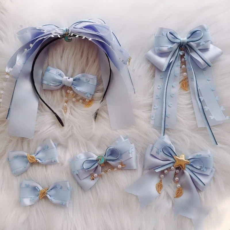 

Lolita Japanese Blue Dream Color Women Handmade KC Head band Bow Hairpin hair clasp Cosplay Hair Accessories Side Clip